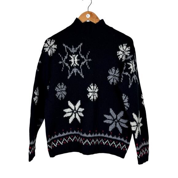 American Collection Black 100% Wool Tight Knit Turtleneck Snowflake Sweater - Picture 1 of 11